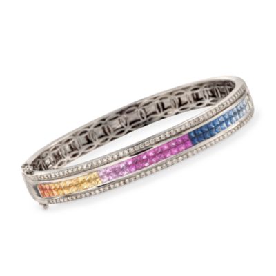 5.00 ct. t.w. Multi-Colored Sapphire and .95 ct. t.w. Diamond Bangle Bracelet in 14kt White Gold. 7" &mdash; Alt Image 1