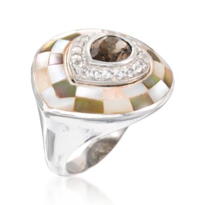Mother-Of-Pearl and 1.50 Carat Smoky Quartz Ring With CZs in Sterling Silver &mdash; Alt Image 3