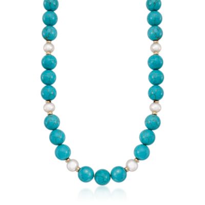 Turquoise and 8-8.5mm Cultured Pearl Necklace in 14kt Yellow Gold &mdash; Alt Image 1