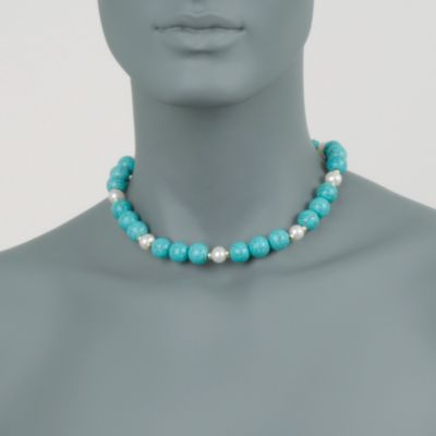 Turquoise and 8-8.5mm Cultured Pearl Necklace in 14kt Yellow Gold &mdash; Alt Image 2