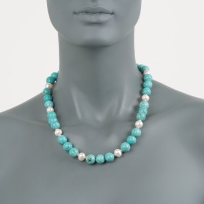 Turquoise and 8-8.5mm Cultured Pearl Necklace in 14kt Yellow Gold &mdash; Alt Image 3