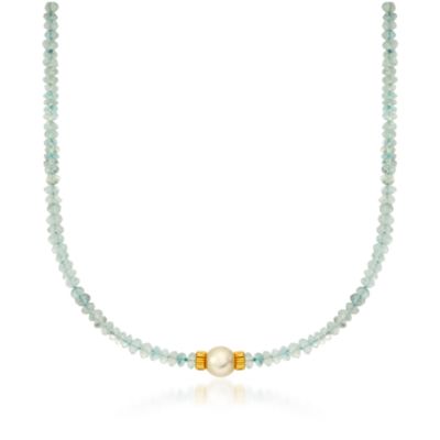 8.5-9mm Pearl and 60.00 ct. t.w. Blue Topaz Necklace in 14kt Yellow Gold. 17" &mdash; Alt Image 1