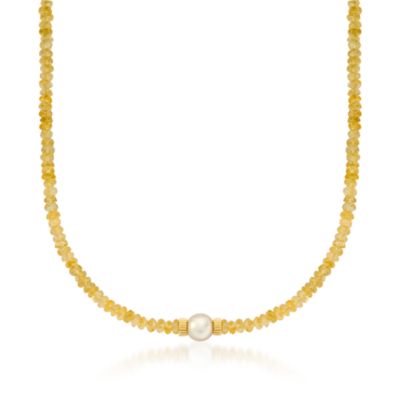 8.5-9mm Cultured Pearl and 70.00 ct. t.w. Citrine Necklace in 14kt Yellow Gold. 17" &mdash; Alt Image 1