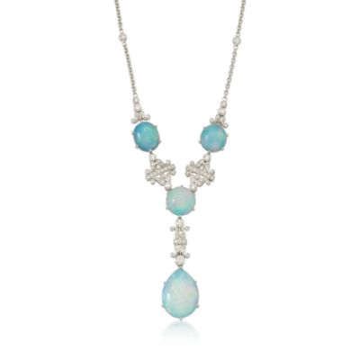 C.1990 Vintage Opal and 1.25 ct. t.w. Diamond Necklace In 18kt White Gold . 16" &mdash; Alt Image 1