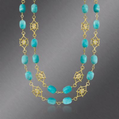 Doris Panos Amazonite and Topaz Necklace In Sterling Silver and 18kt Yellow Gold. 56" &mdash; Alt Image 1