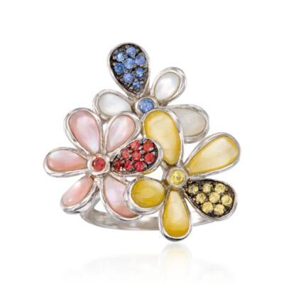 .50 ct. t.w. Multicolored Sapphire and Mother-Of-Pearl Flower Ring in Sterling Silver &mdash; Alt Image 1