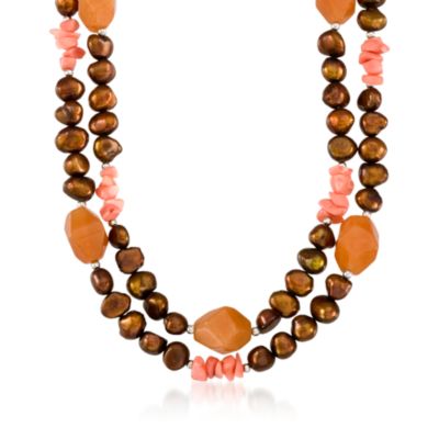 Multi-Gem and 8-11mm Brown Cultured Pearl Double Strand Necklace In Sterling Silver. 48" &mdash; Alt Image 1