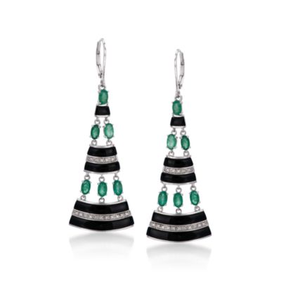 1.75 ct. t.w. Emerald and .10 ct. t.w. Diamond Earrings With Black Agate in Sterling Silver &mdash; Alt Image 1