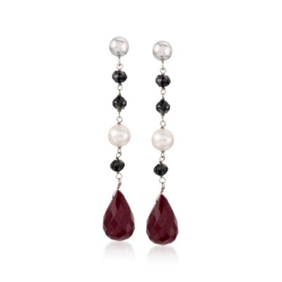 11.75 ct. t.w. Ruby and 5-6mm Cultured Pearl Earrings With Black Diamonds In Sterling Silver &mdash; Alt Image 1