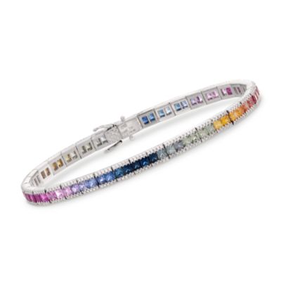 Gregg Ruth 6.86 ct. t.w. Multicolored Sapphire and .92 ct. t.w. Diamond Bracelet in 18kt White Gold. 7" &mdash; Alt Image 1