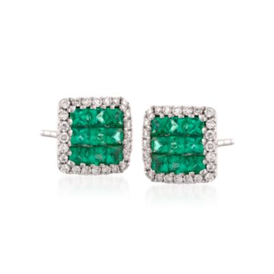 Gregg Ruth .46 ct. t.w. Emerald and .13 ct. t.w. Diamond Earrings in 18kt White Gold &mdash; Alt Image 1