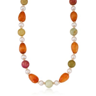 9-10mm Endless Cultured Pearl Necklace With Carnelian and Jade With 14kt Yellow Gold. 36" &mdash; Alt Image 1