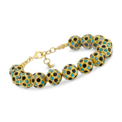 Turquoise and Black Sapphire Bead Bracelet In Vermeil. 7" &mdash; Alt Image 1
