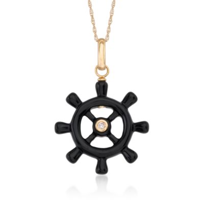Black Agate Ship Wheel Necklace With Diamond Accent in 18kt Yellow Gold &mdash; Alt Image 1
