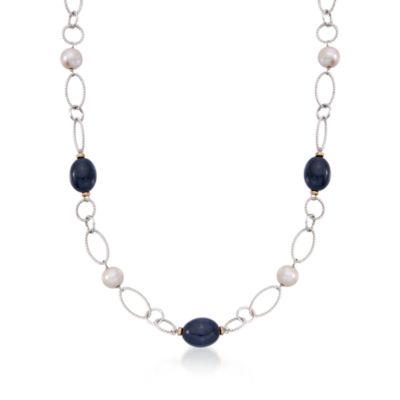 30.00 ct. t.w. Sapphire and 8.5mm Cultured Pearl Bead Link Necklace In Sterling Silver and 14kt Yellow Gold &mdash; Alt Image 1