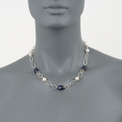 30.00 ct. t.w. Sapphire and 8.5mm Cultured Pearl Bead Link Necklace In Sterling Silver and 14kt Yellow Gold &mdash; Alt Image 2