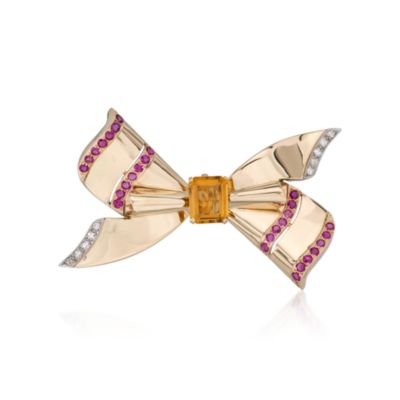 C. 1950 Vintage 3.00 Carat Citrine 1.70 ct. t.w. Ruby and .33 ct. t.w. Diamond Pin Pendant In 14kt Yellow Gold &mdash; Alt Image 1