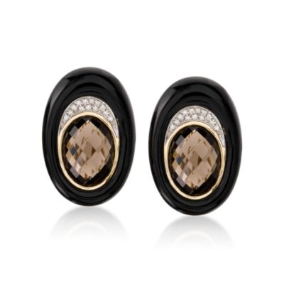 Black Agate and .10 ct. t.w.  Diamond Earrings With 10.40 ct. t.w. Smoky Quartz In 14kt Yellow Gold &mdash; Alt Image 1