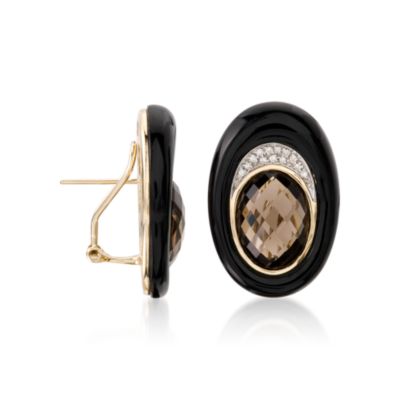 Black Agate and .10 ct. t.w.  Diamond Earrings With 10.40 ct. t.w. Smoky Quartz In 14kt Yellow Gold &mdash; Alt Image 2
