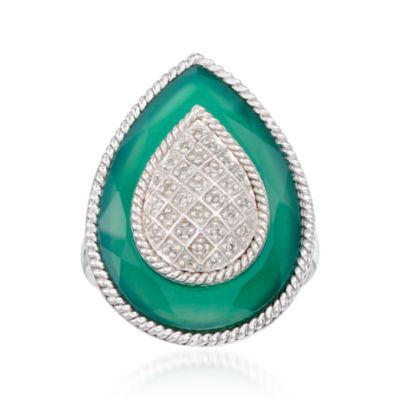 Green Agate and .10 ct. t.w. Diamond Pear-Shaped Ring in Sterling Silver &mdash; Alt Image 1
