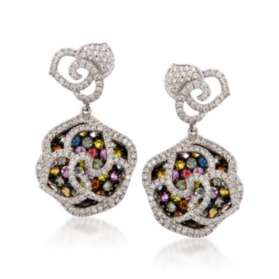 2.60 ct. t.w. Multicolored Sapphire and 1.25 ct. t.w. Diamond Heart Rosette Earrings In Sterling Silver &mdash; Alt Image 1