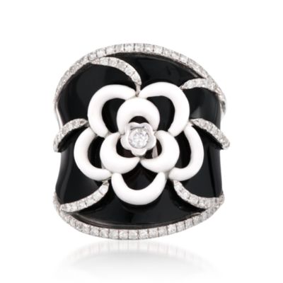 Black Onyx and .70 ct. t.w. Diamond Floral Ring With White Agate In 18kt White Gold. Size 5 &mdash; Alt Image 1