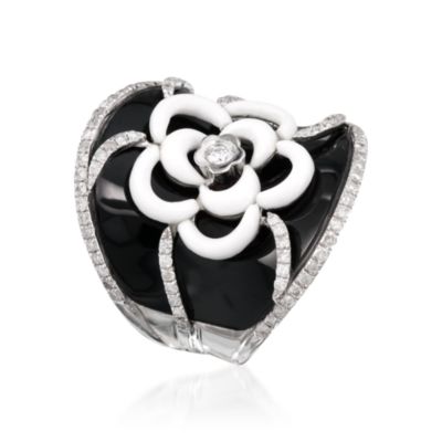 Black Onyx and .70 ct. t.w. Diamond Floral Ring With White Agate In 18kt White Gold. Size 5 &mdash; Alt Image 2