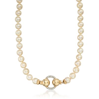 C.1980 Vintage 6-8.5mm Cultured Pearl and .20 ct. t.w. Diamond Necklace in 14kt Yellow Gold. 24" &mdash; Alt Image 1