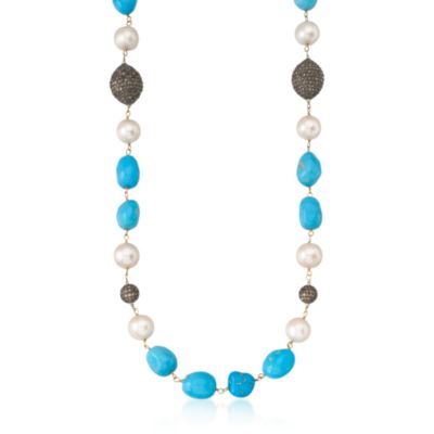 10.75 ct. t.w. Diamond and 8-12mm Cultured Pearl Necklace With Turquoise In 18kt Yellow Gold. 40" &mdash; Alt Image 1
