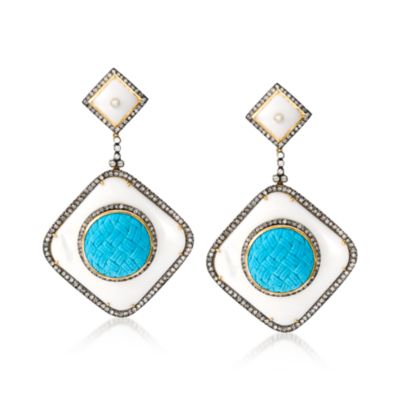 Turquoise and 2.75 ct. t.w. Diamond Earrings With White Onyx in Sterling Silver and 14kt Yellow Gold &mdash; Alt Image 1
