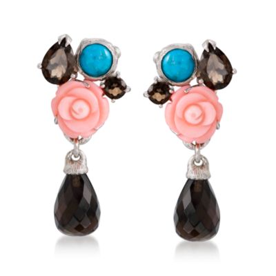 25.00 ct. t.w. Smoky Quartz and Mixed Gem Carved Rose Earrings In Sterling Silver &mdash; Alt Image 1