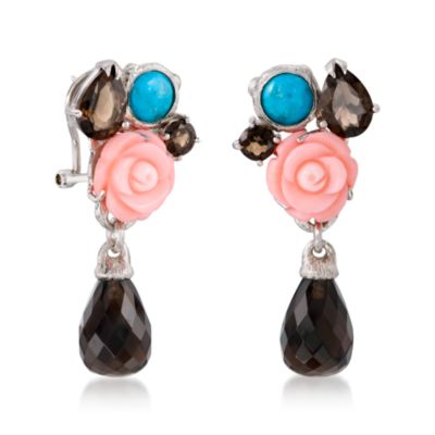 25.00 ct. t.w. Smoky Quartz and Mixed Gem Carved Rose Earrings In Sterling Silver &mdash; Alt Image 2