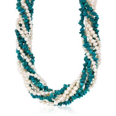 Turquoise and Pearl Torsade Necklace With Sterling Silver Clasp. 17" &mdash; Alt Image 1