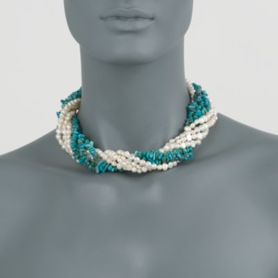 Turquoise and Pearl Torsade Necklace With Sterling Silver Clasp. 17" &mdash; Alt Image 2
