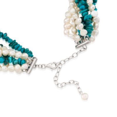 Turquoise and Pearl Torsade Necklace With Sterling Silver Clasp. 17" &mdash; Alt Image 3