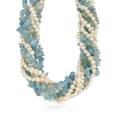 Aquamarine and Pearl Torsade Necklace in Sterling Silver. 17" &mdash; Alt Image 1