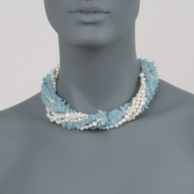 Aquamarine and Pearl Torsade Necklace in Sterling Silver. 17" &mdash; Alt Image 2