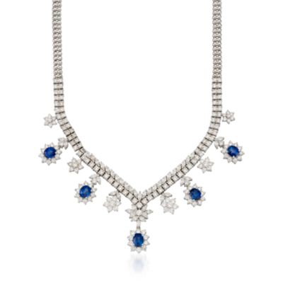 C.1990 Vintage 6.50 ct. t.w. Ceylon Sapphire and 9.25 ct. t.w. Diamond Necklace in 18kt White Gold. 15.75" &mdash; Alt Image 1