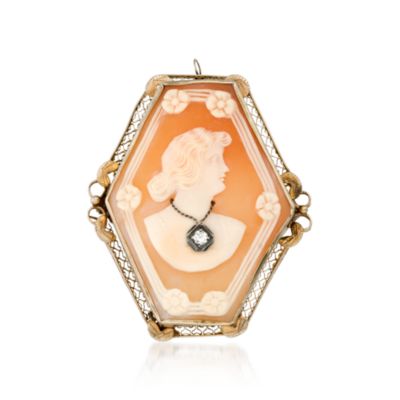 C.1950. Vintage Shell Cameo Pin/Pendant With Diamond Accent in 14kt Yellow Gold &mdash; Alt Image 1