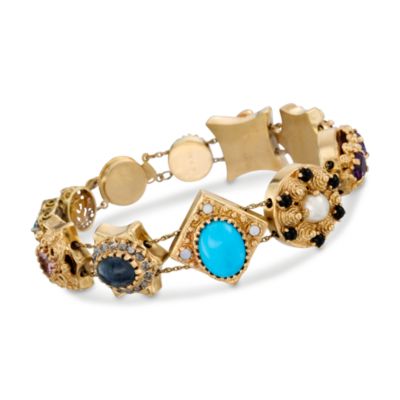 C.1980 Vintage 6.5mm Cultured Pearl 5.35 ct .t.w. Multi-Gem and .65 ct t.w. Diamond Bracelet In 14kt Yellow Gold. 7.75" &mdash; Alt Image 1