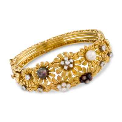  C. 1980 Vintage Van Gogh 3-6.5mm Cultured Pearl and 1.20 ct. t.w. Diamond Bangle Bracelet In 18kt Yellow Gold. 6.25" &mdash; Alt Image 1