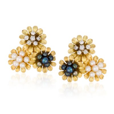 C.1980 Vintage Van Gogh 3mm Multicolored Cultured Pearl and .50 ct. t.w. Diamond Earrings in 18kt Yellow Gold &mdash; Alt Image 1