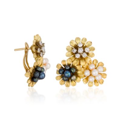 C.1980 Vintage Van Gogh 3mm Multicolored Cultured Pearl and .50 ct. t.w. Diamond Earrings in 18kt Yellow Gold &mdash; Alt Image 2