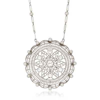 C. 1960 Vintage 2.5-3mm Cultured Pearl and .90 ct. t.w. Diamond Pendant Necklace in Platinum. 20.5" &mdash; Alt Image 1