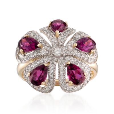 2.90 ct. t.w. Rhodolite Garnet and .45 ct. t.w. Diamond Flower Ring In 14kt Yellow Gold &mdash; Alt Image 1
