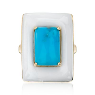 White Agate and Turquoise Block Ring In 14kt Yellow Gold &mdash; Alt Image 1