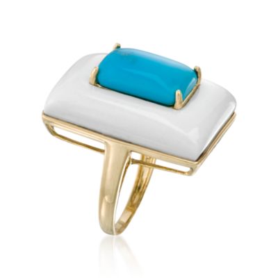White Agate and Turquoise Block Ring In 14kt Yellow Gold &mdash; Alt Image 2
