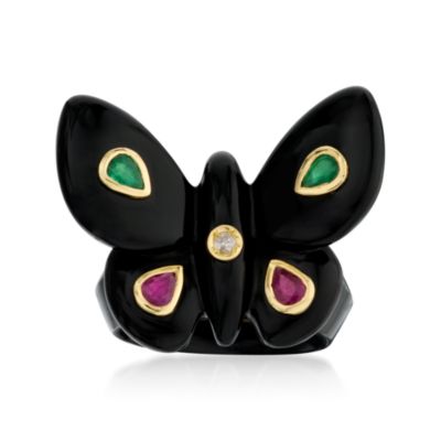 .70 ct. t.w. Multi-Gem Butterfly Ring in Black Agate With 18kt Yellow Gold. Size 8 &mdash; Alt Image 1
