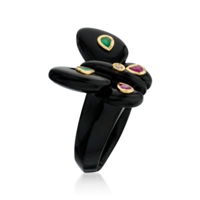 .70 ct. t.w. Multi-Gem Butterfly Ring in Black Agate With 18kt Yellow Gold. Size 8 &mdash; Alt Image 2