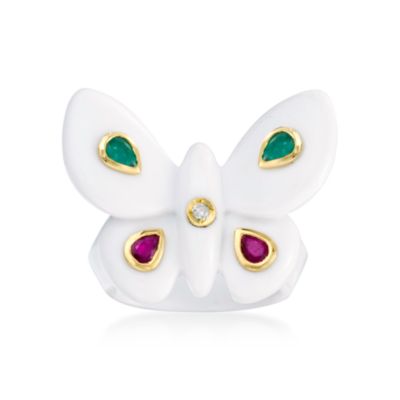 .30 ct. t.w. Emerald and .40 ct. t.w. Ruby Butterfly Ring With Diamond Accent in White Agate and 18kt Yellow Gold. Size 5 &mdash; Alt Image 1